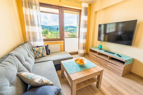 a living room with a couch and a flat screen tv at Apartament Sweet Home in Krynica Zdrój