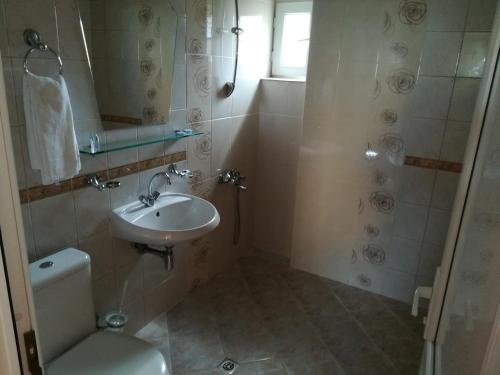 a bathroom with a sink and a toilet and a mirror at Hotel Galant in Sofia