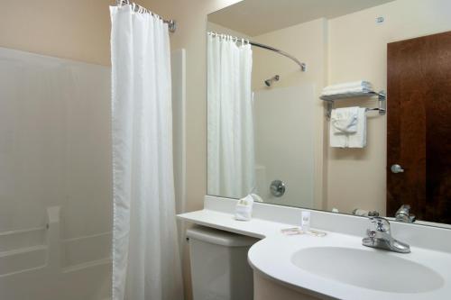 a bathroom with a sink and a shower with a mirror at Microtel Inn & Suites by Wyndham Bellevue in Bellevue