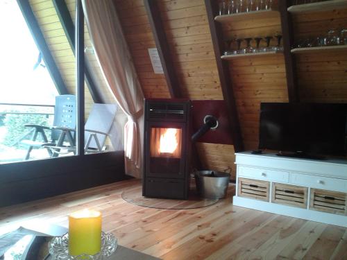 a living room with a fireplace and a television at Eifeler Finnhaus mit Sauna in Dockweiler