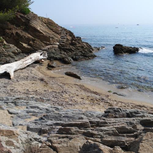 a log laying on a rocky beach next to the ocean at Villa Perle De La Mer in Saint-Aygulf