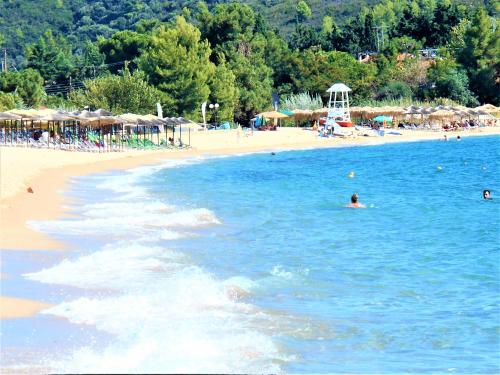 a group of people swimming in the water at a beach at Mezonetes Toroni in Toroni