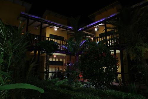 a building at night with purple lights at Hotel Boutique La Casa de las Flores in Cahuita