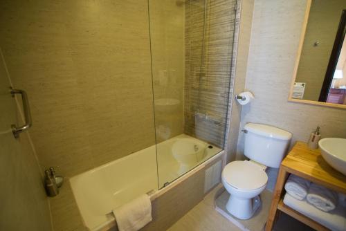 a bathroom with a tub and a toilet and a sink at Hotel Terrazas del Lago in Puerto Varas