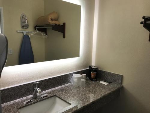 a bathroom counter with a sink and a mirror at Colton Inn in Colton