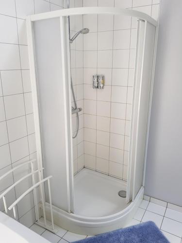 een douche in een badkamer met een blauw tapijt bij The Two Oaks in Hertsberge