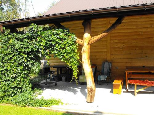 a wooden tree in front of a building at Noclegi u Brody in Hoczew