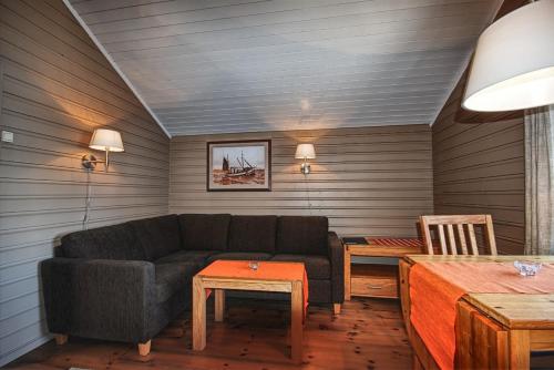 a living room with a couch and a table at Eliassen Rorbuer in Reine