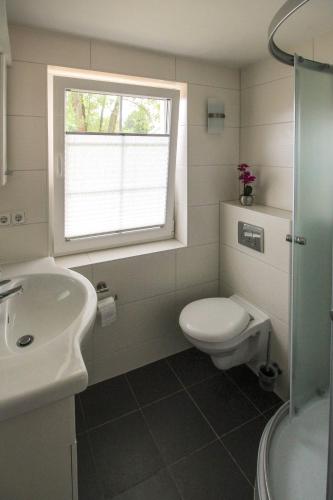 a bathroom with a toilet and a sink and a window at Bungalows am Grimnitzsee in Joachimsthal