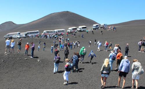 a large group of people standing in a field with buses at Dolce nido in Pedara