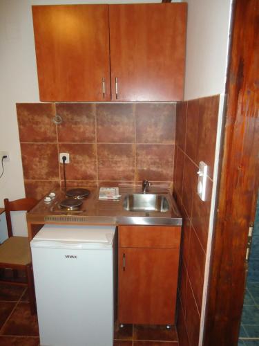 a small kitchen with a sink and a small refrigerator at Apartments Raičević in Budva