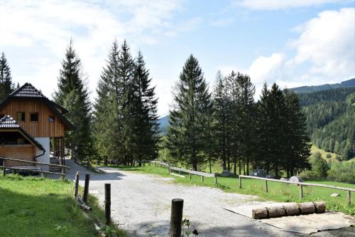 a dirt road next to a building and trees at Ferienhaus Dirnbacher Hütte in Turnau
