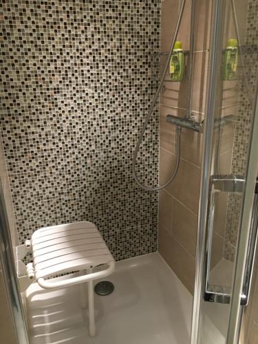 La petite salle de bains est pourvue d'une douche et de toilettes. dans l'établissement Paris City Flat App entier N106 F3, à Paris