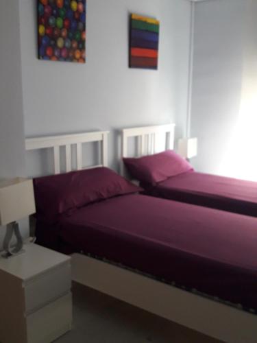 a bedroom with two beds with purple sheets at Apartamento Las 4 Palmeras in Córdoba