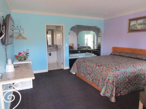 Starlight Inn Van Nuys في فان نويس: غرفة في الفندق مع سرير وحوض استحمام