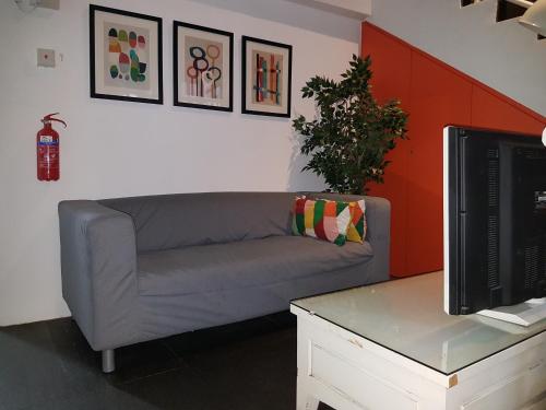 een woonkamer met een bank en een tv bij Royal Lodge @ Pagoda Street in Singapore