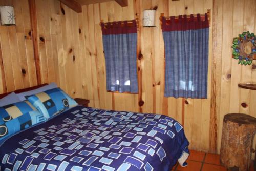 a bedroom with a bed with wooden walls and windows at Cabañas Alpinas López Fontes in Valle de Bravo