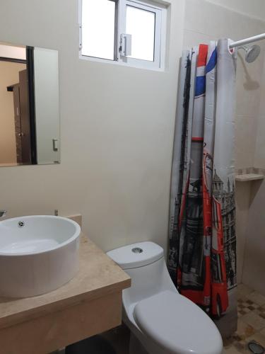 a bathroom with a white toilet and a sink at Departamento zona dorada in Mazatlán