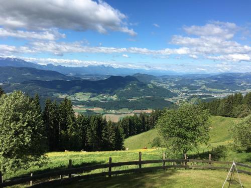 a view of a valley from a hill with a fence at Apartments im Almhaus Bachler in Gundisch