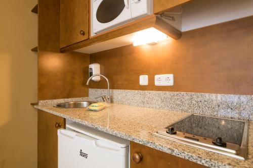a kitchen counter with a sink and a microwave at Aparthotel La Vall Blanca in Vielha