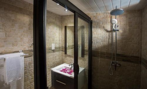uma casa de banho com um chuveiro e um lavatório com flores cor-de-rosa em Residence Potosi em Trou aux Biches