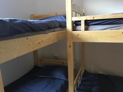 two bunk beds in a small room with blue pillows at No. 6 Cuobian Hostel in Shantou