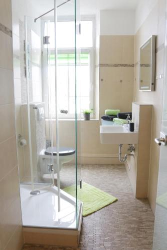 a bathroom with a glass shower and a sink at Ferienwohnung Luisenstraße in Görlitz