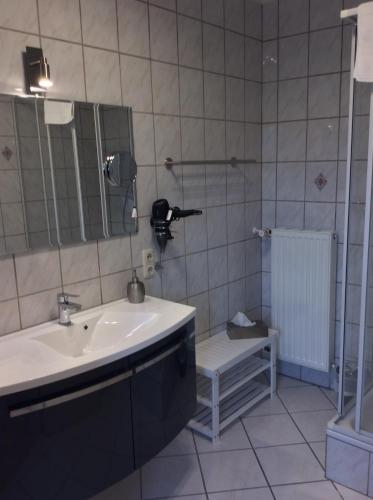 a bathroom with a sink and a mirror at Pension Schmitz in Serrig