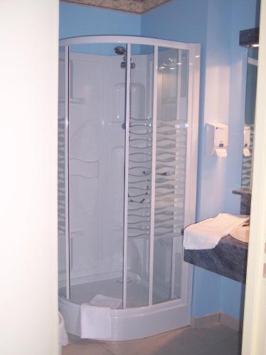 a shower with a glass door in a bathroom at HOTEL RESTAURANT La CREPERIE Du CHATEAU in Craon