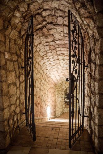 an entrance to a stone tunnel with an open door at Tokaj Zlatá Putňa - Restaurant & Pension in Viničky