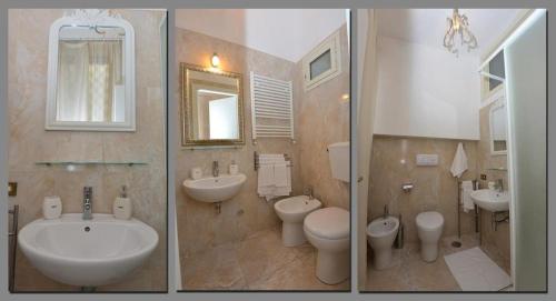 two pictures of a bathroom with two sinks and toilets at Borgo Antico Santa Lucia in Potenza