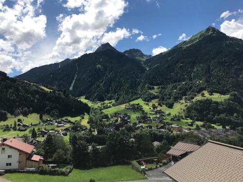 a village in a valley with mountains in the background at Appartements Ausblick in Sankt Gallenkirch