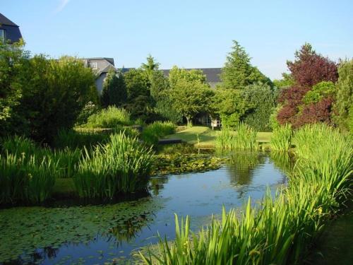 a pond in a garden with grass and trees at Sporthotel Leweck in Lipperscheid