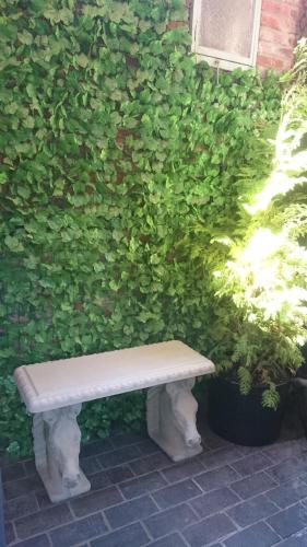 a bench sitting in front of a green wall at The Stables in Southwell in Southwell