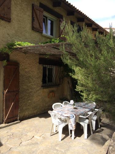 une table et des chaises devant une maison dans l'établissement Maison vacances à la Madrague Saint Cyr Sur Mer, à La Madrague