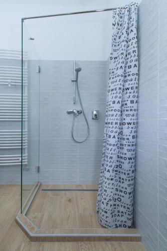 a bathroom with a shower with a shower curtain at Ecoappartment 2 in Mosonmagyaróvár