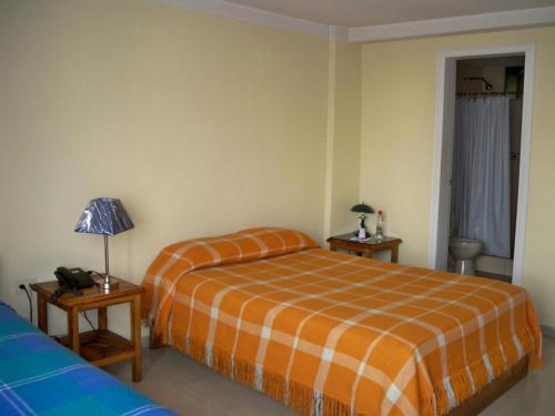 a bedroom with a bed and a lamp and a window at Las Garzas Alojamiento in Ibarra