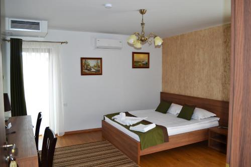 a bedroom with a bed and a chandelier at Casa Caroli in Târgu Jiu