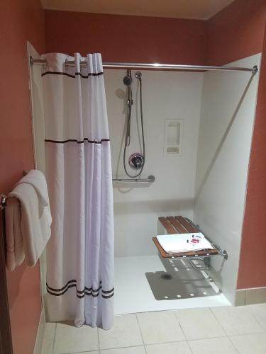 a shower with a shower curtain in a bathroom at Baymont by Wyndham Sullivan in Sullivan