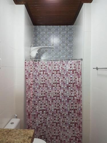 a bathroom with a shower curtain and a toilet at Hostel Casa de Avany in Cachoeira