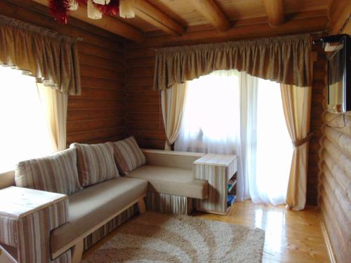 een woonkamer met een bank en 2 grote ramen bij Leoslav Apartments in Tatariv