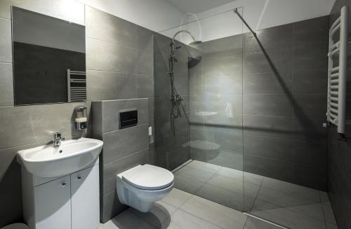 ウストロニエ・モルスキエにあるVilla Rodzinnaのバスルーム(トイレ、洗面台、シャワー付)