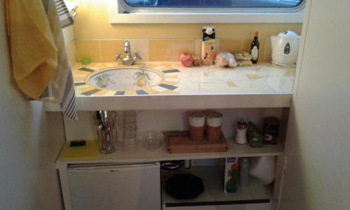 a small kitchen with a sink and a counter at Houseboat Dokstroom in Amsterdam