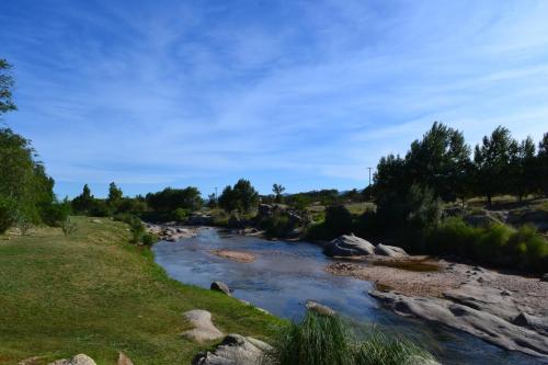 a river with rocks and trees in a field at Cabañas Los Álamos Panaholma in Panaholma