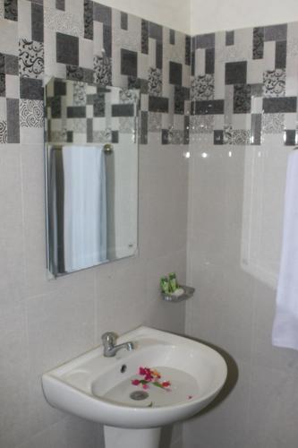 uma casa de banho com um lavatório branco e um espelho. em Ritigala Lodge em Habarana