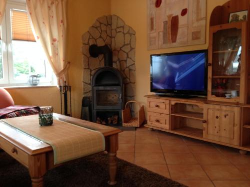 a living room with a television and a fireplace at Ferienhaus 2 Am Eichenberg in Blankenburg
