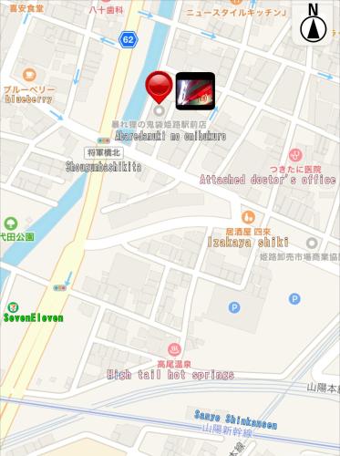 a map with a red cell phone on it at ホテル暴れ狸の鬼袋姫路駅前店 男塾ホテルグループ in Himeji