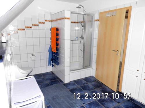 uma casa de banho com um chuveiro e um WC. em Ferienwohnung im Grünen em Sassenberg