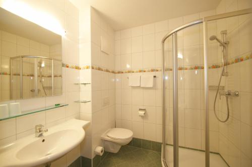 a bathroom with a toilet and a sink and a shower at Blasiwirt in Sankt Michael im Lungau