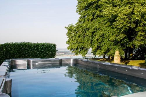 une piscine avec des arbres en arrière-plan dans l'établissement Appart Privé dans le Château du Landin, à Le Landin